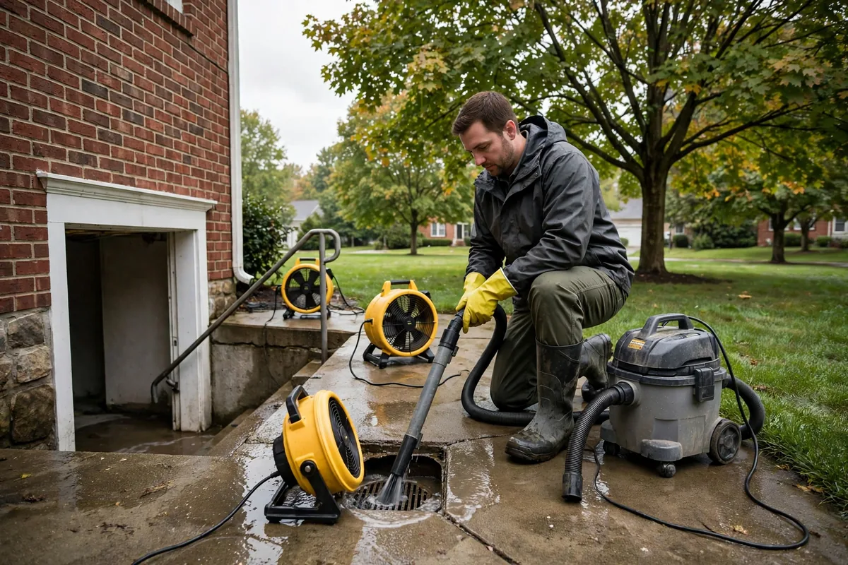 Emergency Drain Cleaning Ava, OH — a technician clearing a backed-up main line at night under a work light