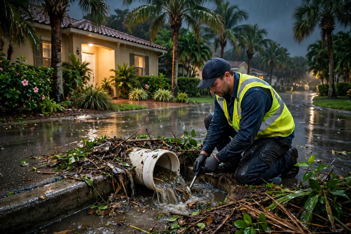 Emergency Drain Cleaning Avon Park, FL — a technician clearing a backed-up main line at night under a work light