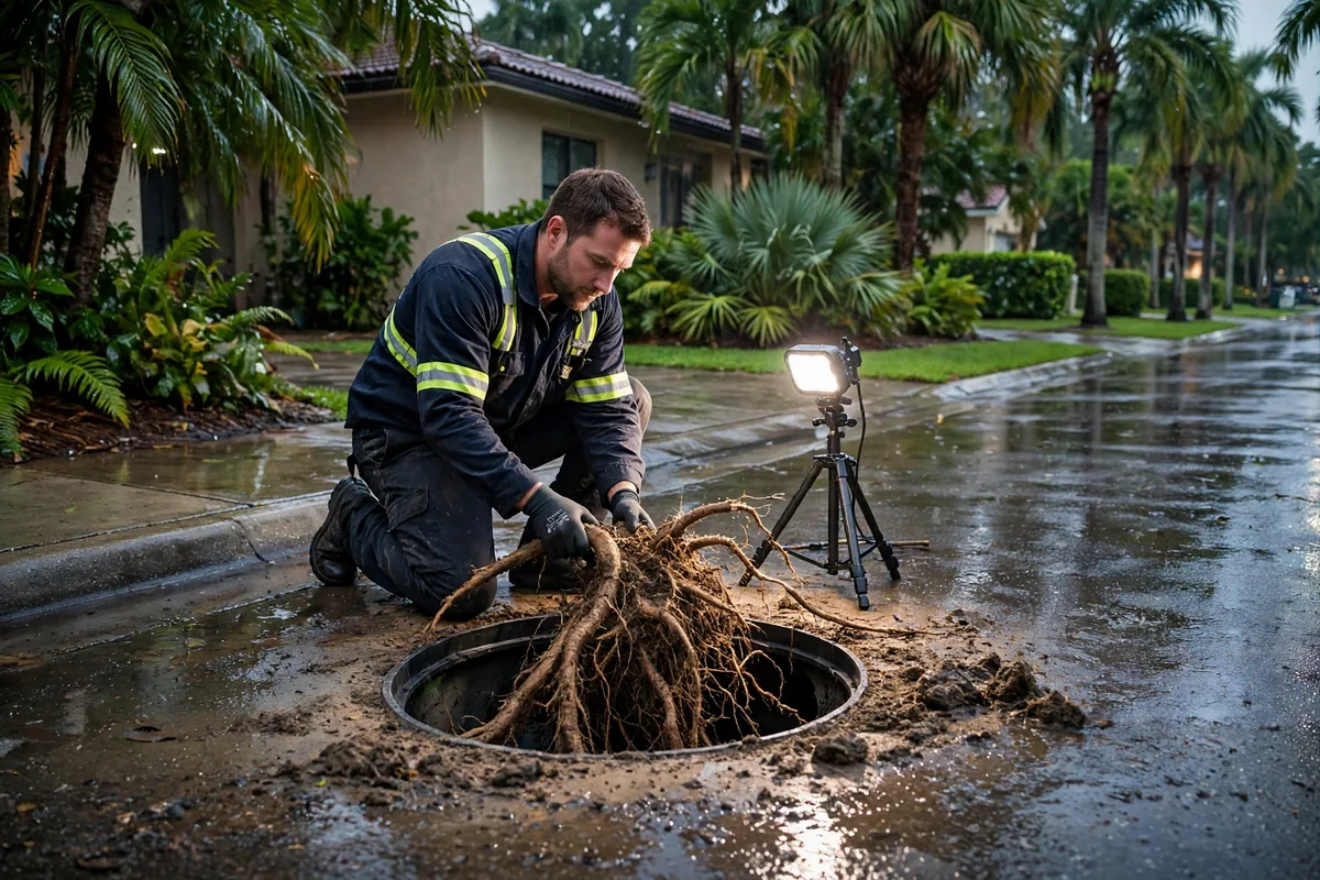 Emergency Drain Cleaning Bagdad, FL — a technician clearing a backed-up main line at night under a work light