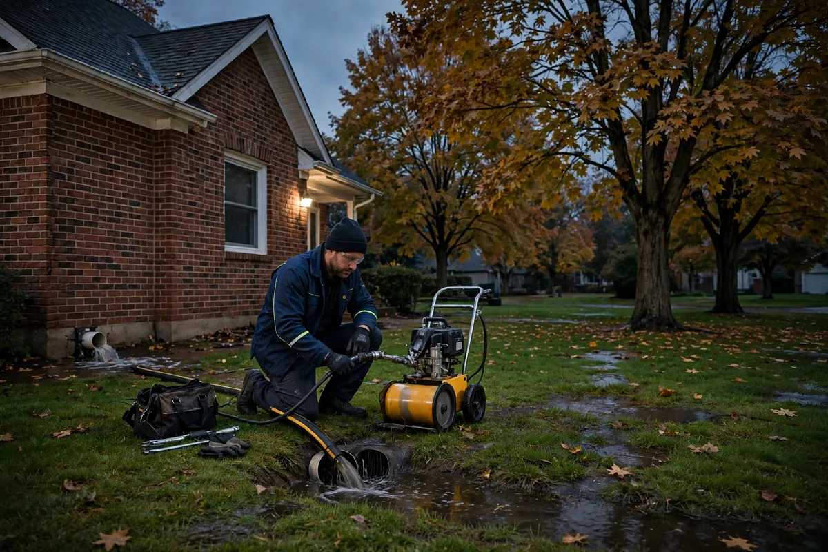 Emergency Drain Cleaning Baltimore, OH — a technician clearing a backed-up main line at night under a work light