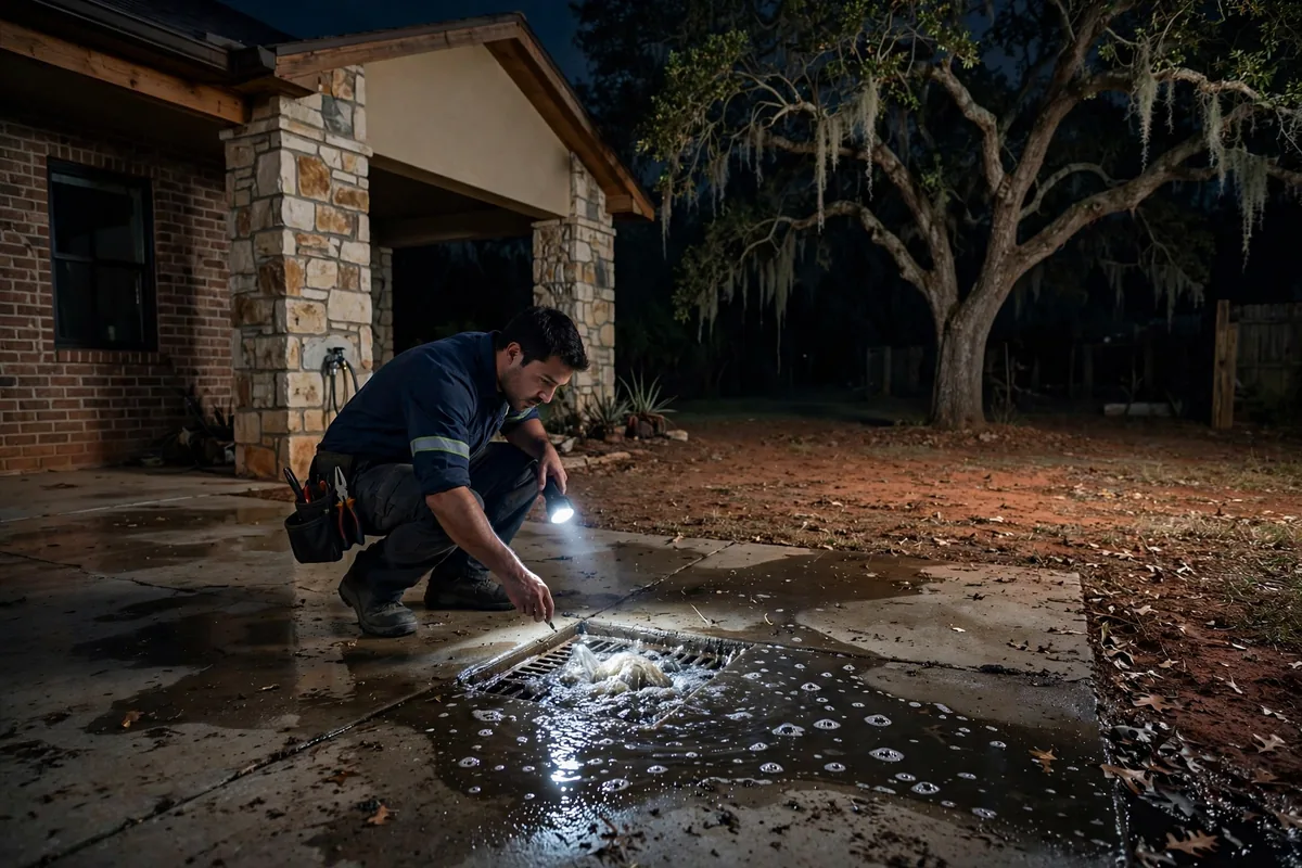 Emergency Drain Cleaning Bandera, TX — a technician clearing a backed-up main line at night under a work light