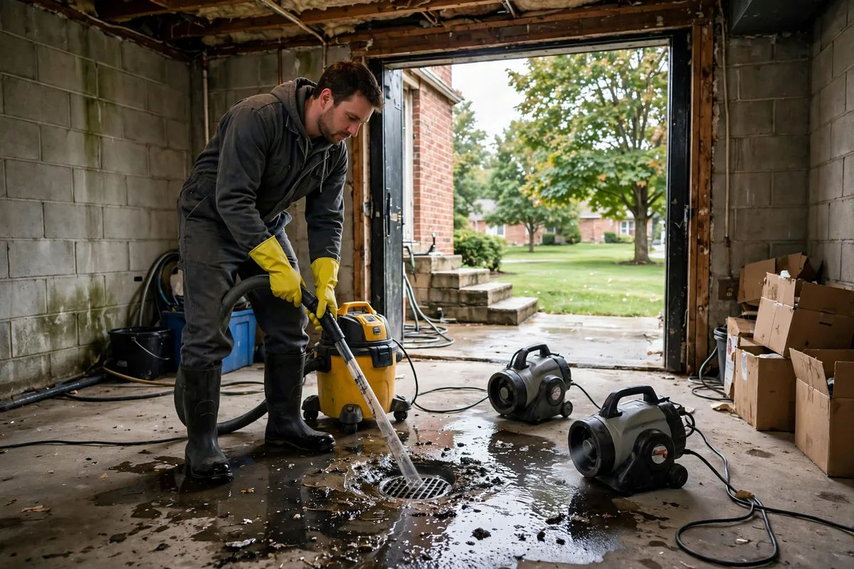 Emergency Drain Cleaning Barberton, OH — a technician clearing a backed-up main line at night under a work light