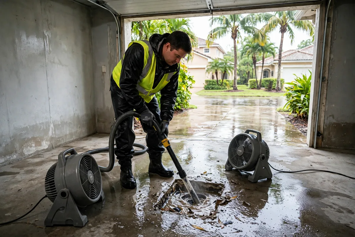 Emergency Drain Cleaning Barberville, FL — a technician clearing a backed-up main line at night under a work light
