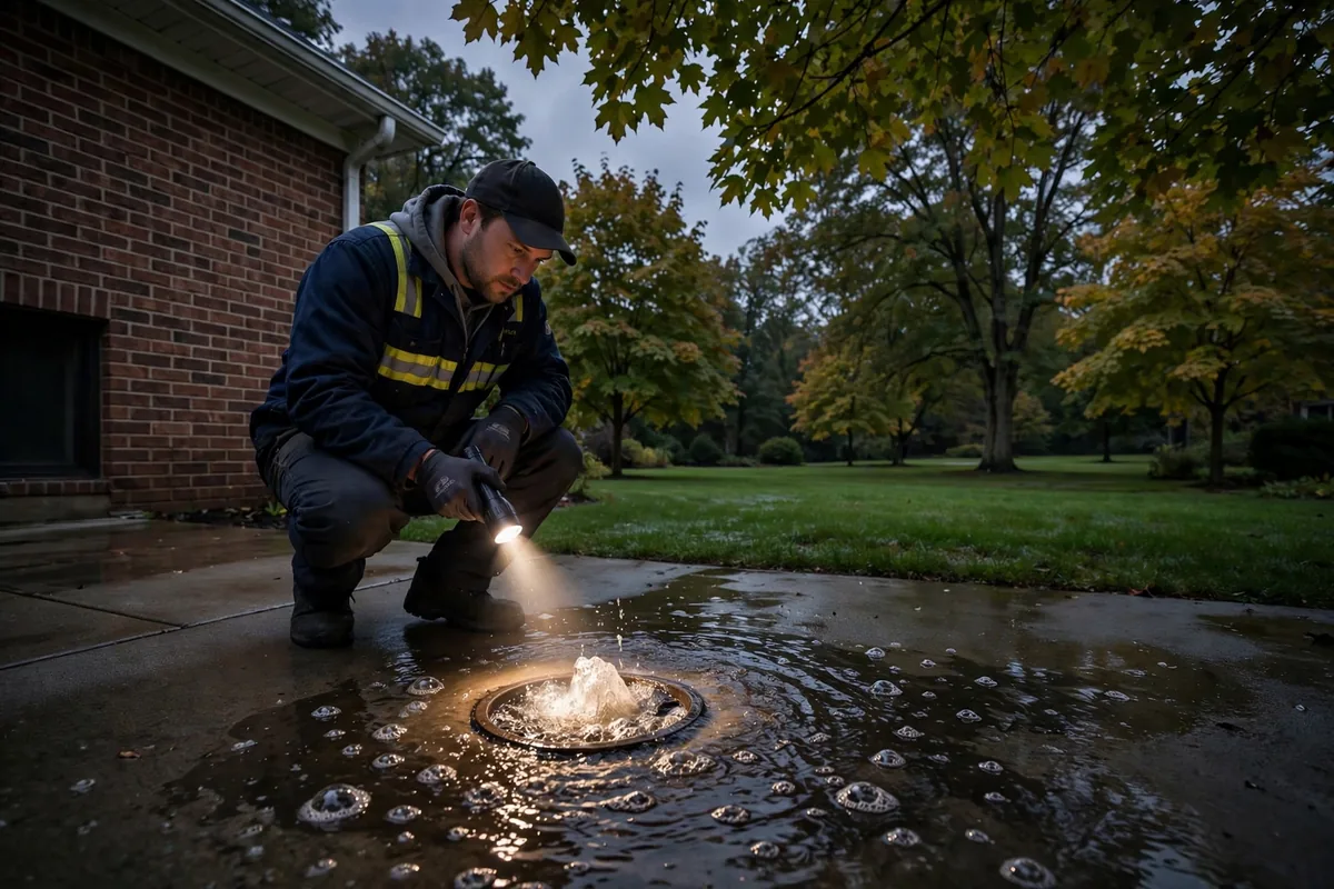 Emergency Drain Cleaning Barnesville, OH — a technician clearing a backed-up main line at night under a work light
