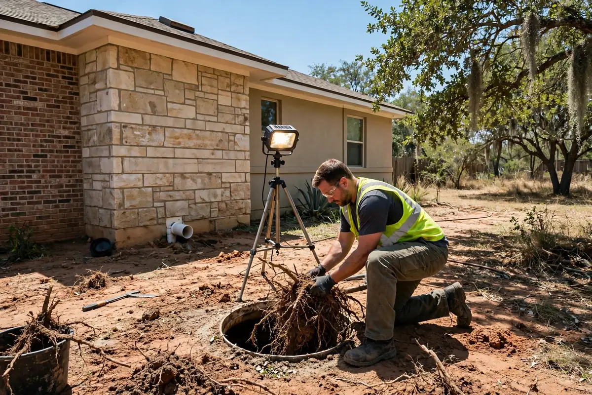 Emergency Drain Cleaning Barnhart, TX — a technician clearing a backed-up main line at night under a work light