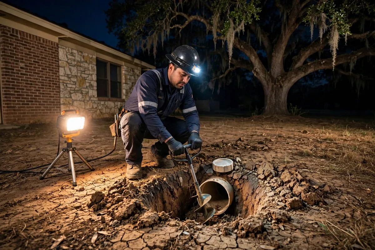 Emergency Drain Cleaning Barstow, TX — a technician clearing a backed-up main line at night under a work light