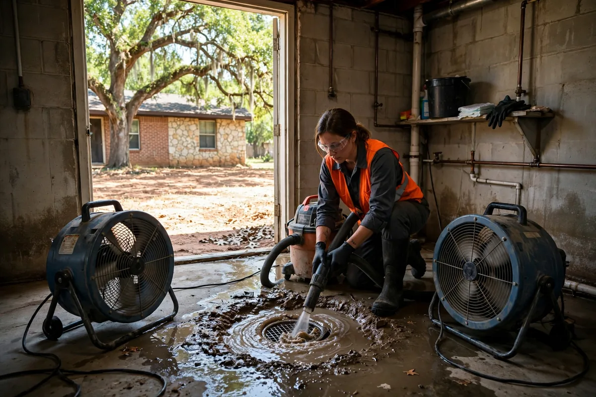 Emergency Drain Cleaning Bartlett, TX — a technician clearing a backed-up main line at night under a work light