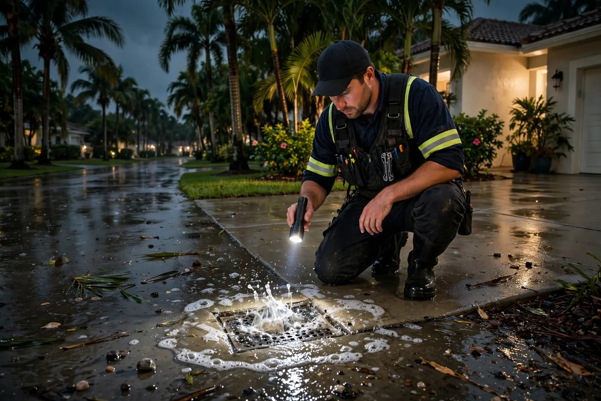Emergency Drain Cleaning Bay Pines, FL — a technician clearing a backed-up main line at night under a work light