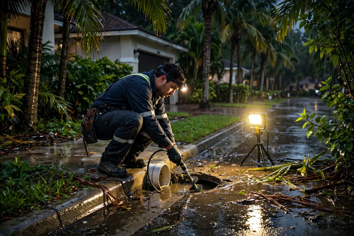 Emergency Drain Cleaning Beverly Hills, FL — a technician clearing a backed-up main line at night under a work light