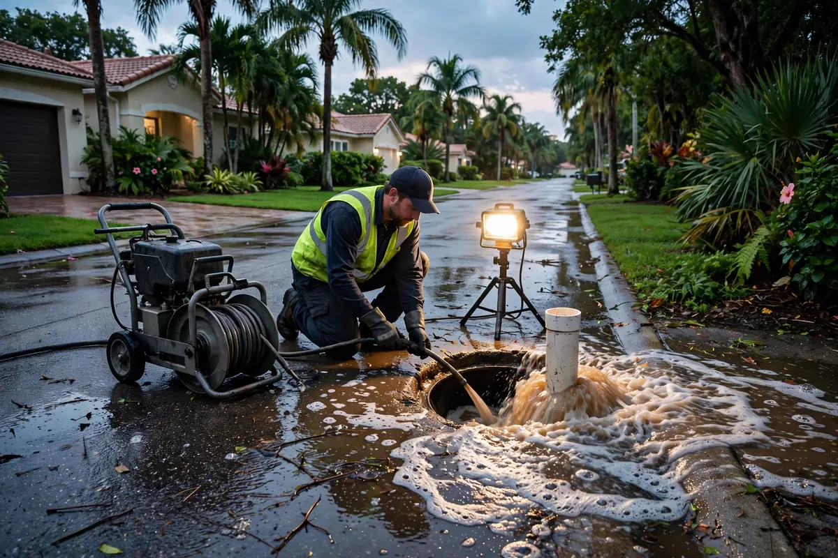 Emergency Drain Cleaning Boca Grande, FL — a technician clearing a backed-up main line at night under a work light
