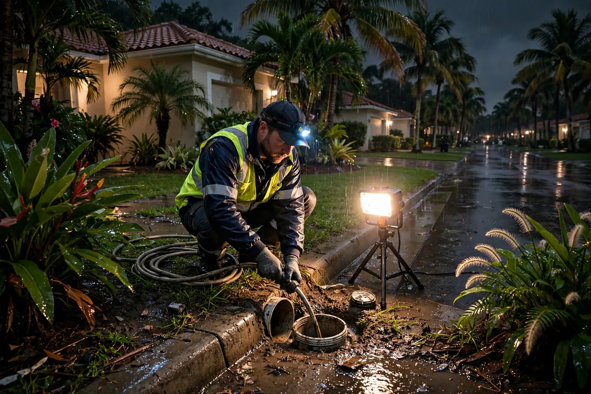 Emergency Drain Cleaning Bowling Green, FL — a technician clearing a backed-up main line at night under a work light