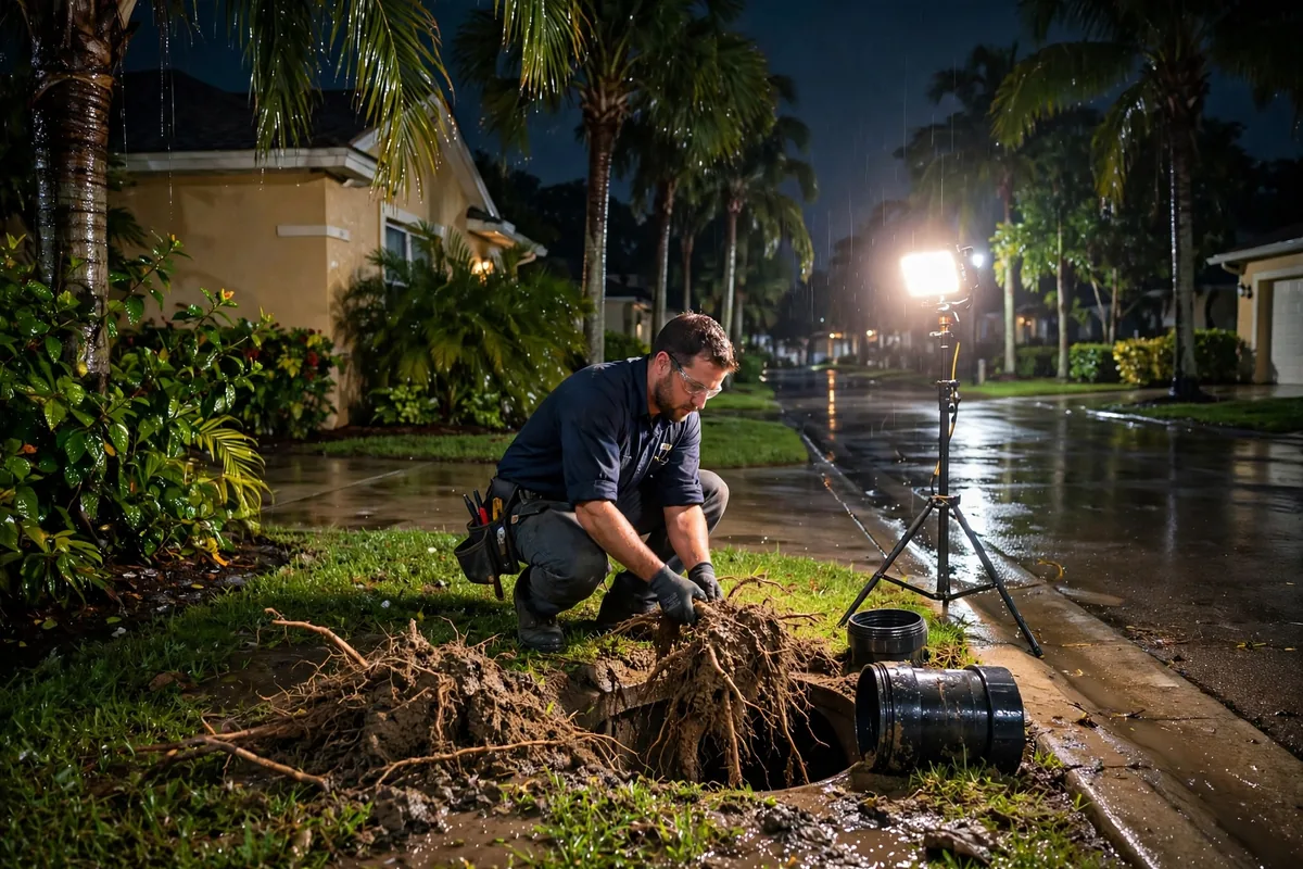 Emergency Drain Cleaning Bristol, FL — a technician clearing a backed-up main line at night under a work light