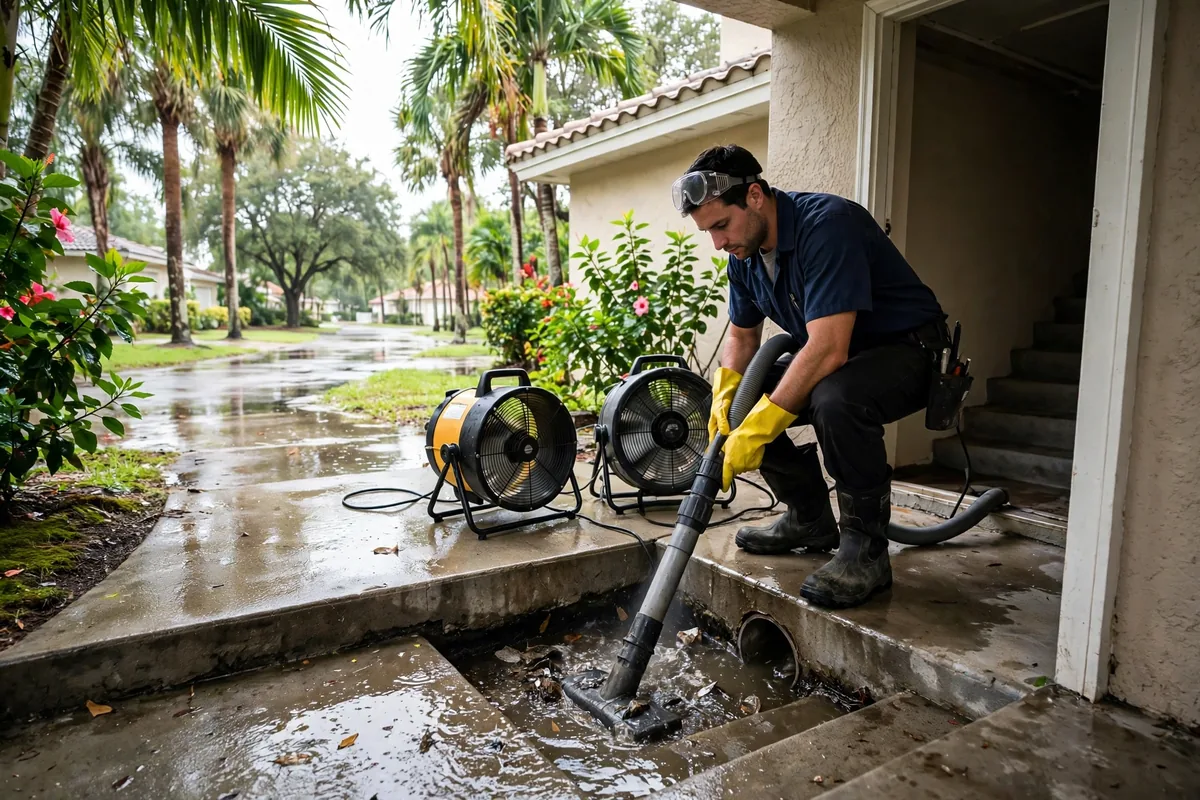Emergency Drain Cleaning Brooksville, FL — a technician clearing a backed-up main line at night under a work light