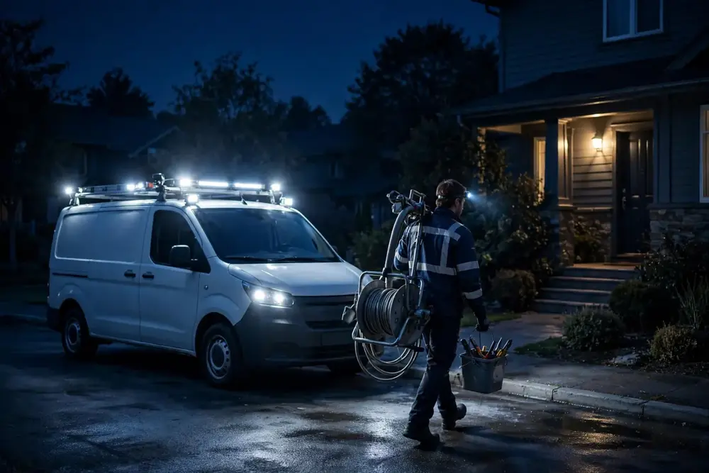 Emergency Drain Cleaning Near Me — a technician arriving at a home at night with drain equipment