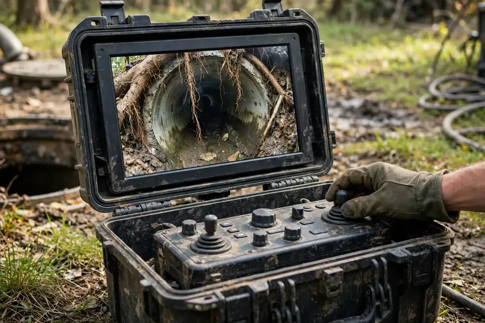 About Emergency Drain Cleaning Pros — a sewer camera monitor showing the inside of a drain line