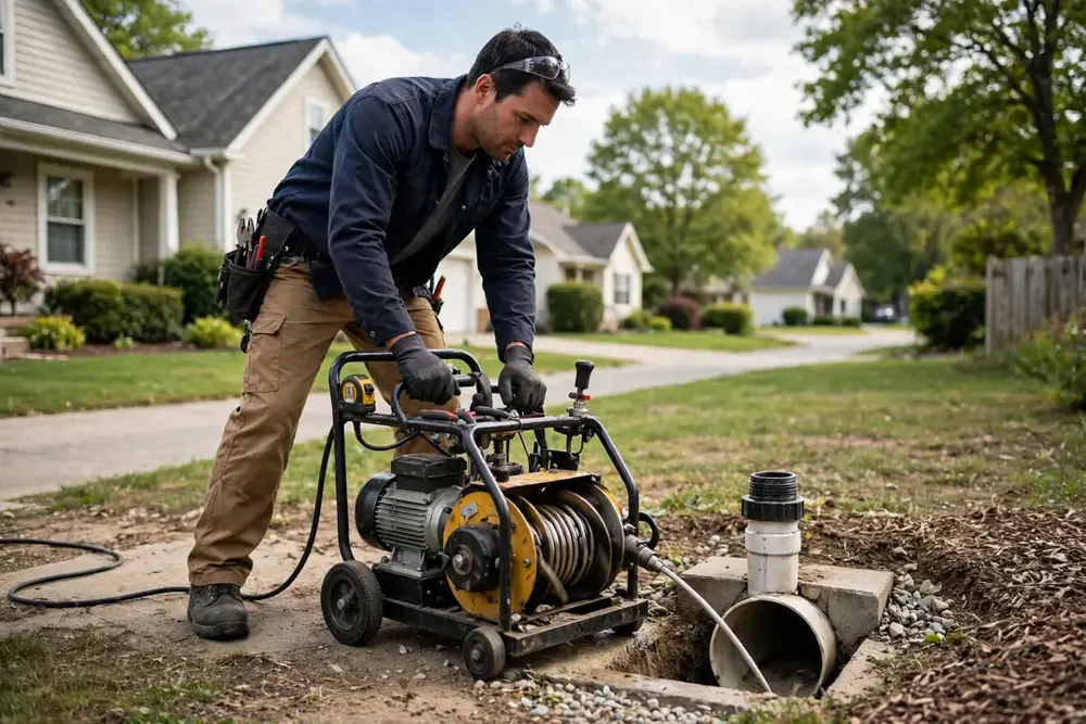 Emergency Drain Cleaning Near Me — a technician clearing a home sewer cleanout with a motorized drain machine