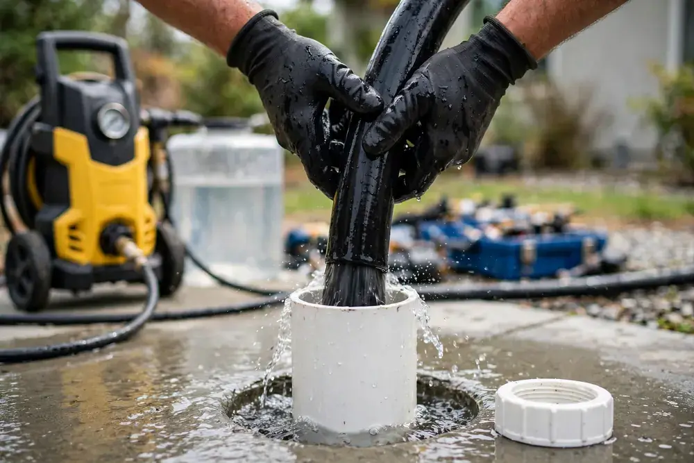 Emergency Drain Cleaning Locations — hydro jetting equipment being fed into a home cleanout