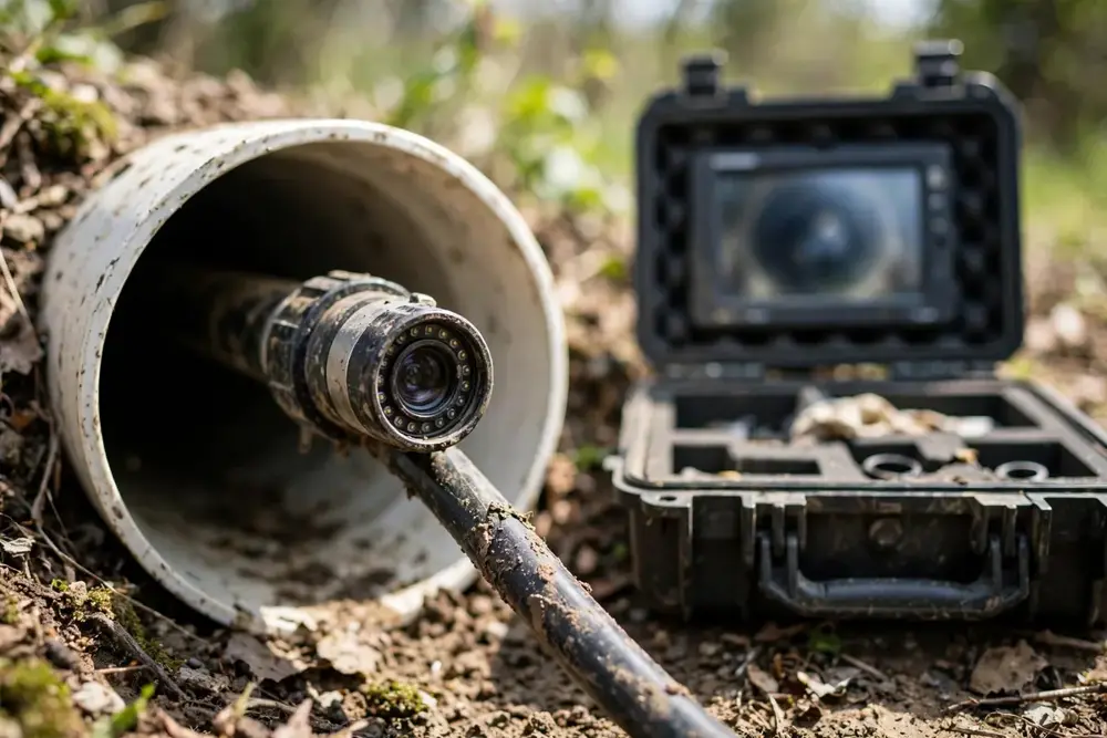 Sewer Camera Inspection — a camera head on a cable entering an open sewer cleanout