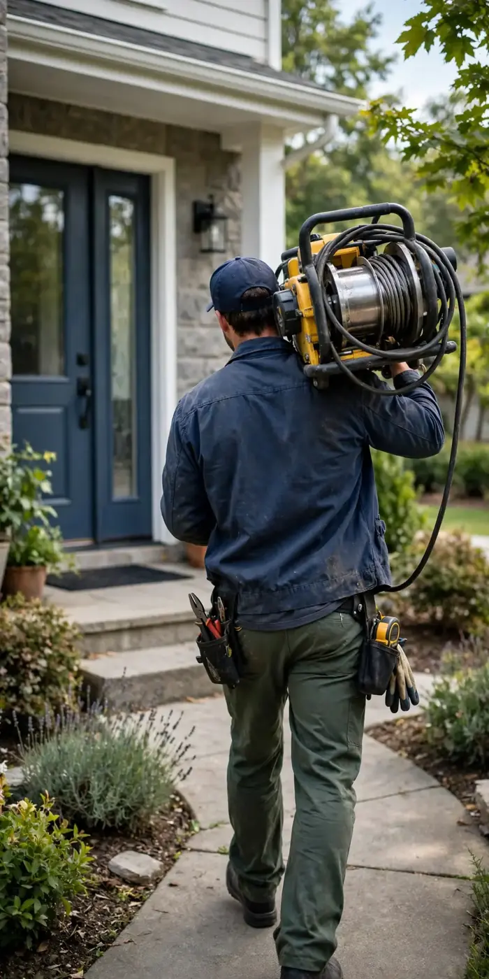 A drain pro carrying a drain machine up the walkway to a home